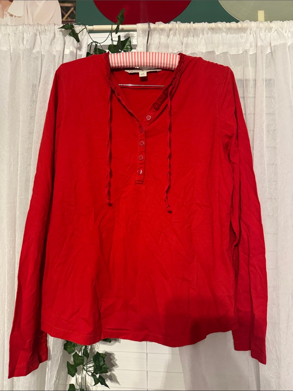 Tommy Hilfiger Red Long-Sleeve Henley with Button Placket